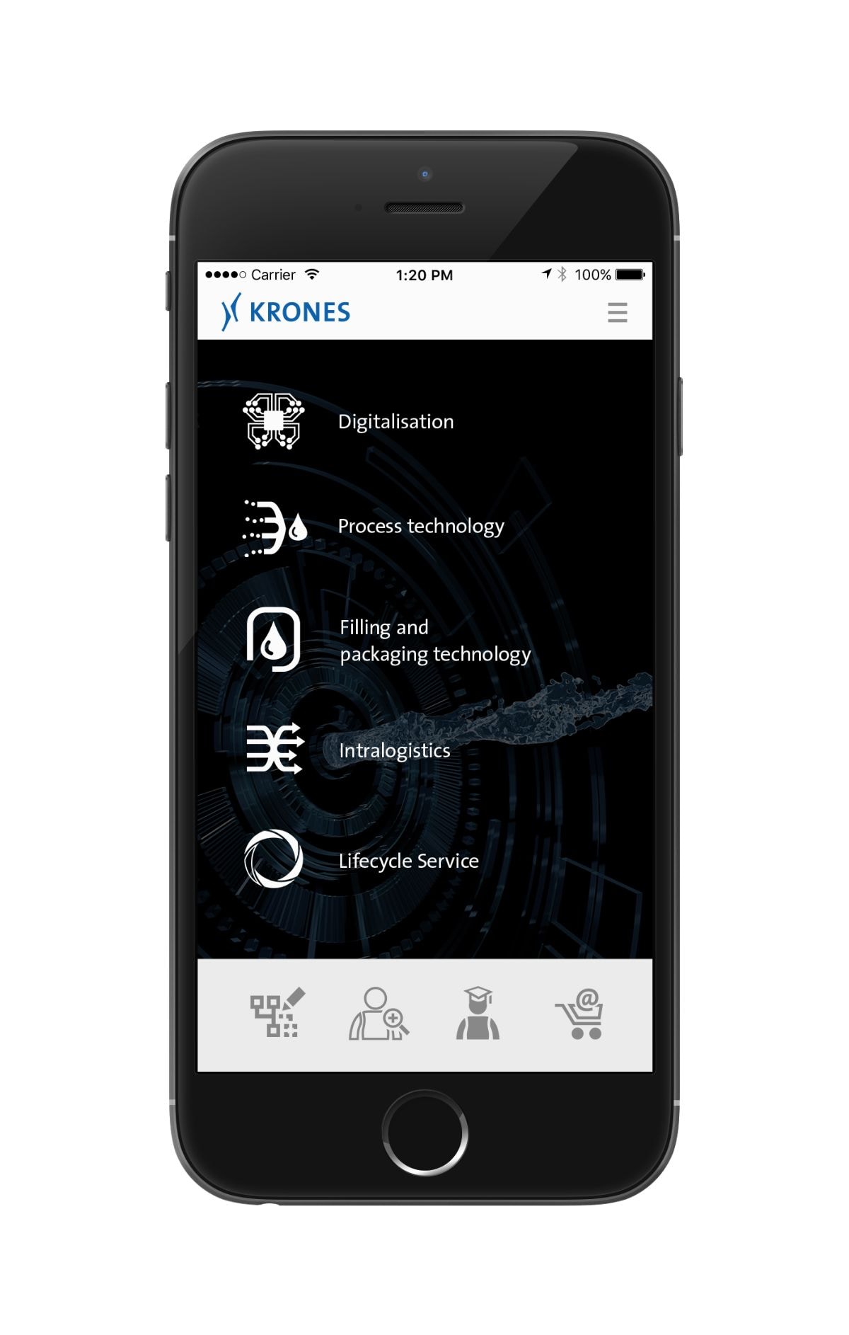 App da Krones, que oferece uma visão geral das tecnologias da companhia, tem download gratuito e é acessível em todos os dispositivos móveis.